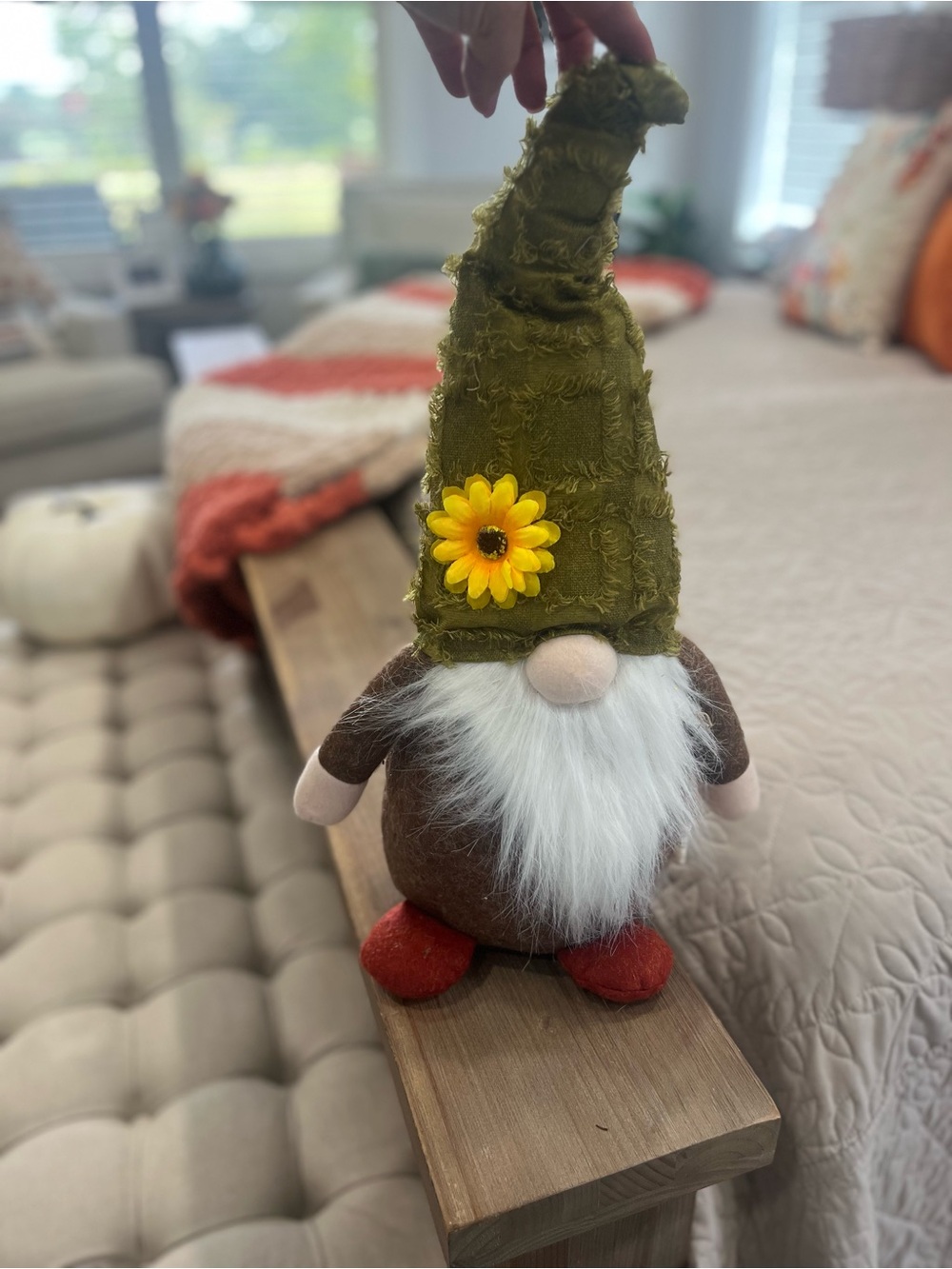 Fuzzy Gnome Plush with Green Hat & Yellow Flower